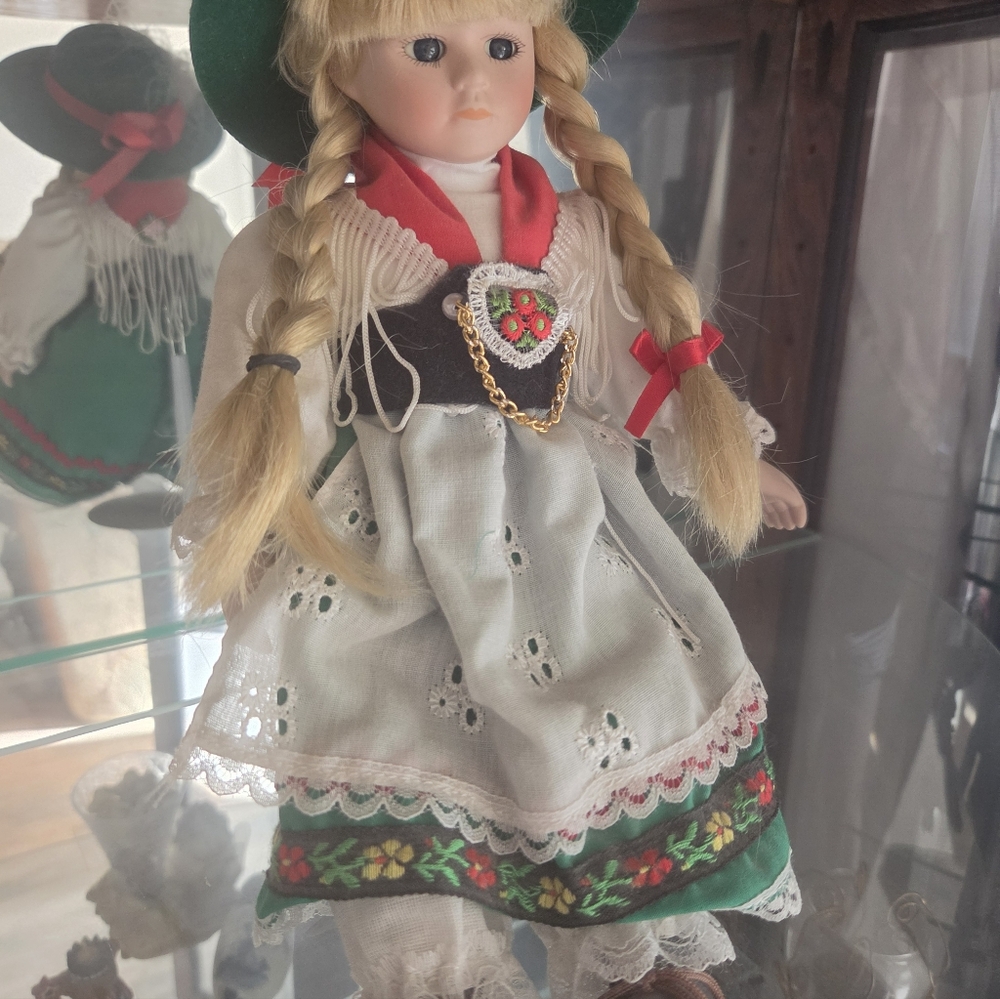 Traditional German Doll with Green and Red Dress